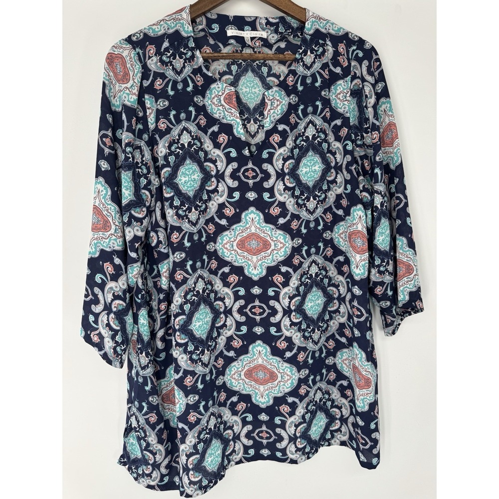 Violet & Claire Boho Tunic Top Blue Navy Split Neck 3/4 Sleeves 1x beachy